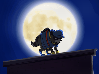 Raccoon In Blue Hat On Rooftop Under Full Moon GIF