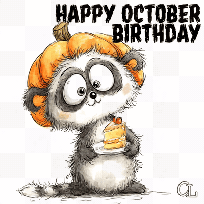 Raccoon In Pumpkin Hat Holding Cake Saying Happy October Birthday GIF