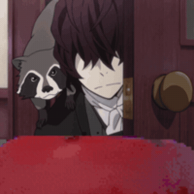 Raccoon Peeking Out Of Door With Man Behind GIF