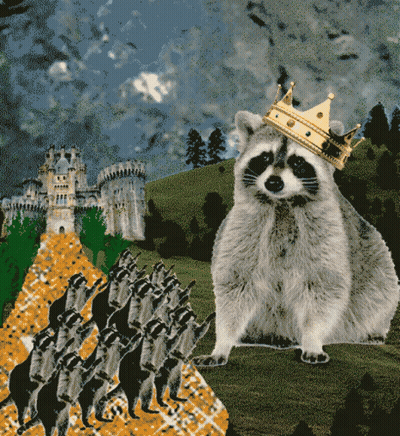 Raccoon Wearing Crown Surrounded By Castle And Raccoons GIF
