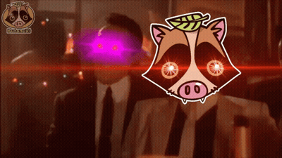 Raccoon With Leaf Behind Two Men In Suits GIF