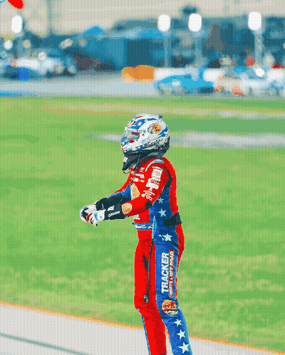 Race Car Driver In Red And Blue With Tracker Ad GIF