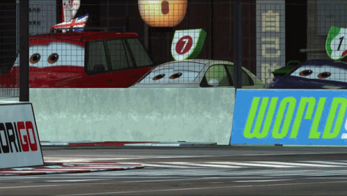 Race Track With Blue Sign Saying World GIF