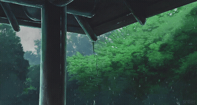 Rain Is Falling On A Roof With Trees In The Background And The Words Snter On The Bottom Right GIF