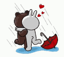 Raining Bear And Cony Sweet Kiss Red Umbrella GIF