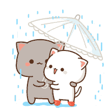 Raining Cute Mochi Peach Cat Couple Umbrella GIF