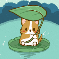 Rainy Saturday Cute Corgi With Leaf Umbrella GIF