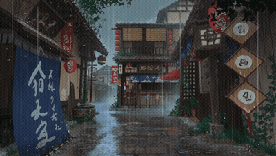 Rainy Street Painting With Chinese Writing GIF