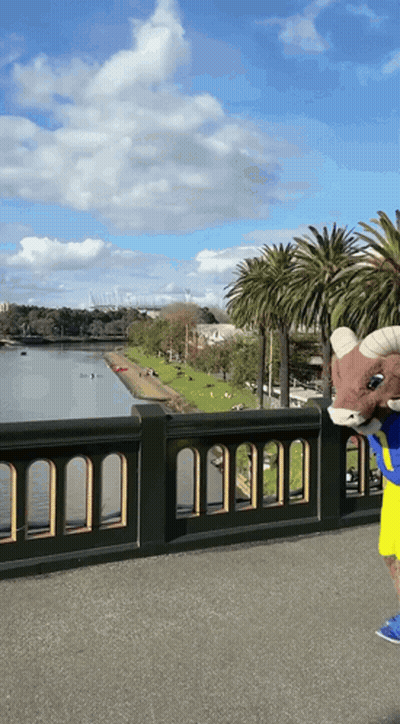 Ram Mascot Standing On Bridge Overlooking River GIF