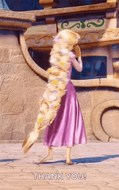 Rapunzel From Tangled Is Standing In Front Of A Building With Her Hair Very Long . GIF