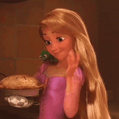 Rapunzel Holding Pie With Lizard On Shoulder GIF