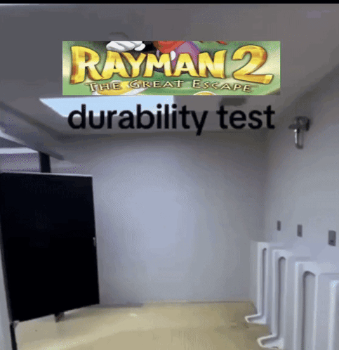 Rayman 2 The Great Escape Durability Test Written On A Bathroom Wall GIF