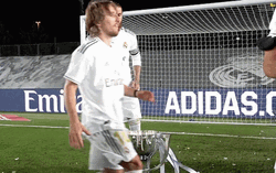 Real Madrid Mudric And Ramos Pose With Trophy GIF