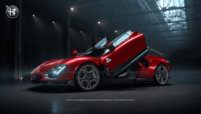 Red Alfa Romeo With Doors Open In Dark Room GIF