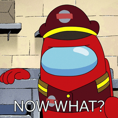 Red Among Us Character In Fireman Hat Saying Now What GIF