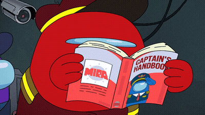 Red Among Us Reading Captain's Handbook GIF