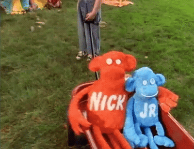 Red And Blue Stuffed Animals In Wheelbarrow With Nick GIF