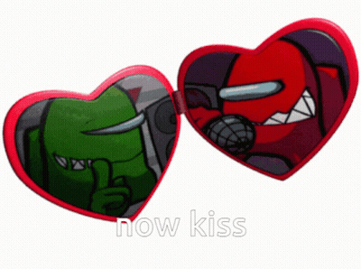 Red And Green Among Us Characters Kissing In Heart Mirror Saying Now Kiss GIF