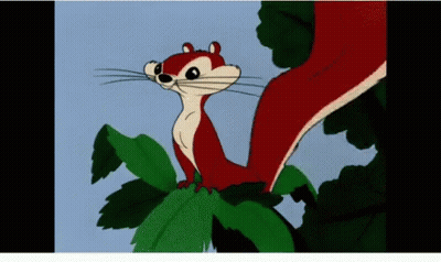 Red And White Cartoon Squirrel Sitting On Green Leaf GIF