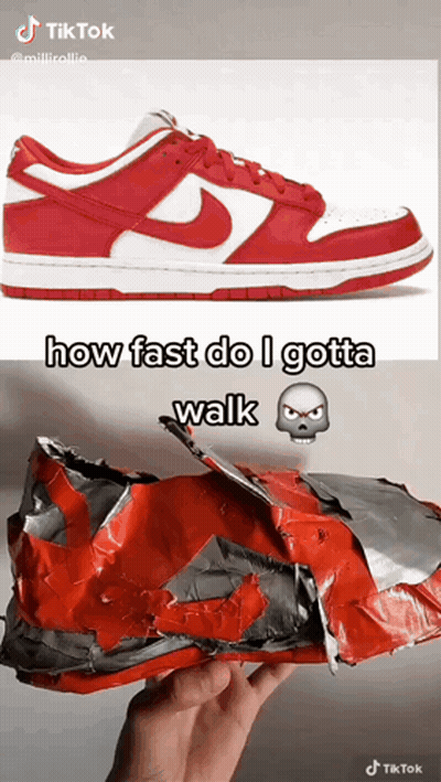 Red And White Nike Shoes Next To Broken Shoe GIF
