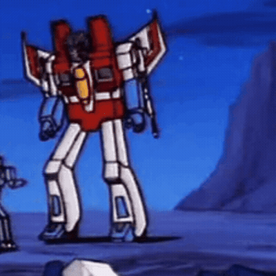 Red And White Robot With Wings Standing In Field GIF