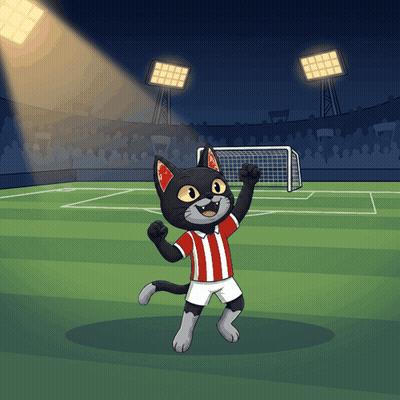 Red And White Striped Cartoon Cat On Soccer Field GIF