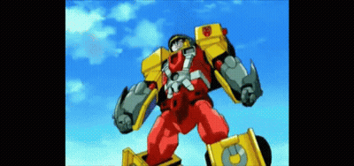 Red And Yellow Robot Flying Through Air GIF