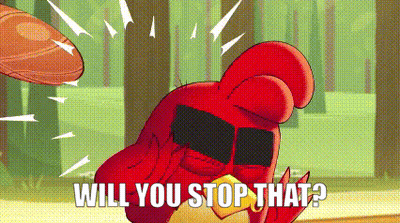 Red Angry Bird In Sunglasses Holding Frisbee Asking Will You Stop That GIF