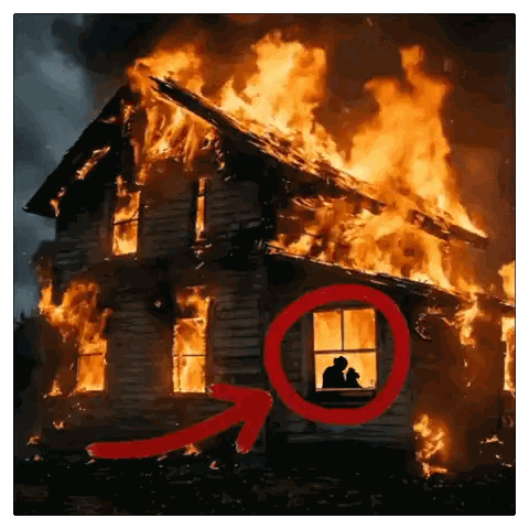 Red Arrow Pointing To Man In Burning House Sticker