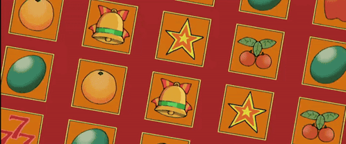 Red Background Pattern Of Bells Stars And Fruit GIF