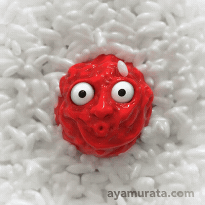 Red Ball Big Eyes In White Rice Ayamurata.com GIF