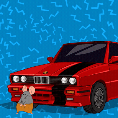 Red BMW Cartoon With Mouse Standing Next To It GIF