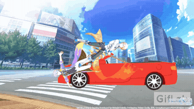 Red Car Driving City Street With Two People Gifflash GIF