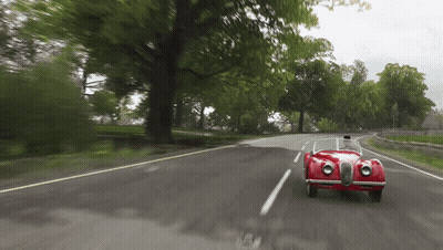 Red Car Driving Down Road With Trees GIF