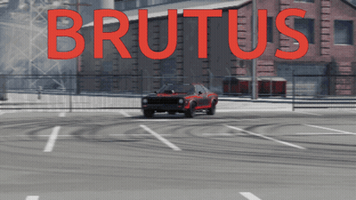 Red Car Driving In Parking Lot Saying Brutus GIF