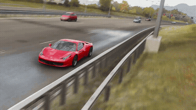 Red Car Driving On Highway Beside Fence GIF