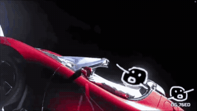 Red Car Flying Through Space With OG 76ED GIF