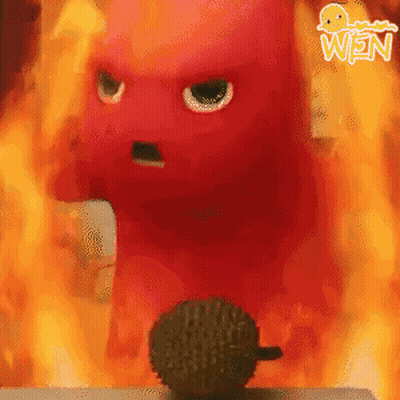 Red Cartoon Character By Fire Saying Win GIF