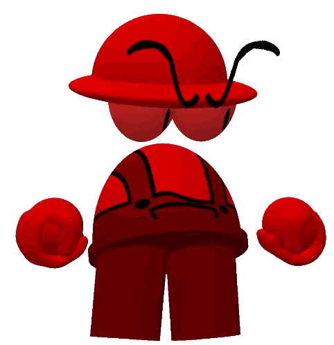 Red Cartoon Character in Red Hat and Overalls