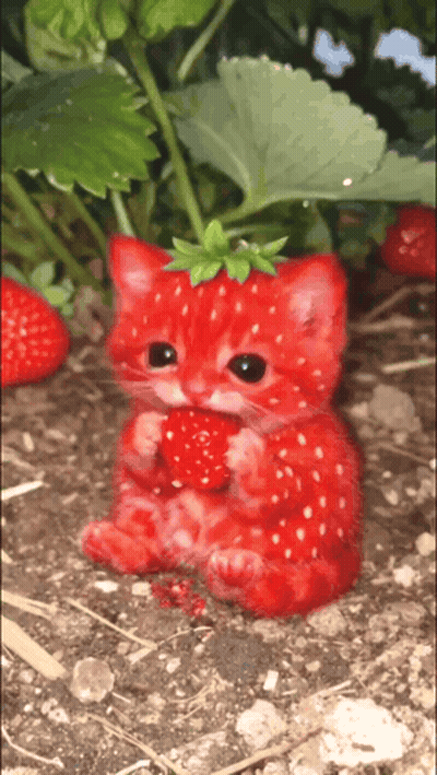 Red Cat With Strawberry On Head Eating Strawberry GIF