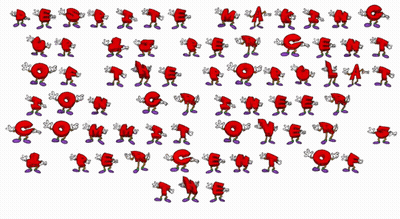 Red Characters With Purple Limbs Holding Letters GIF