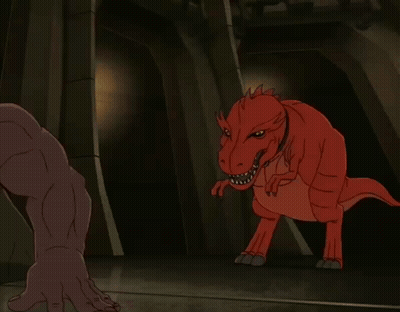 Red Dinosaur With Yellow Eyes And Sharp Teeth GIF