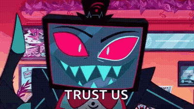 Red-Eyed Cartoon Holding Knife Says Trust Us GIF