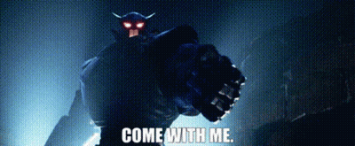 Red Eyed Horned Robot Holding Gun Saying Come With Me GIF