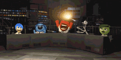 Red-Faced Cartoon At Table With Buttons GIF