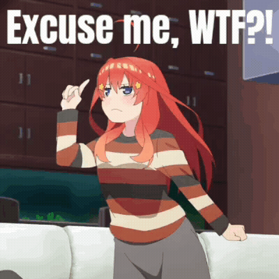 Red Hair Girl Standing in Front of Couch Saying Excuse Me WTF