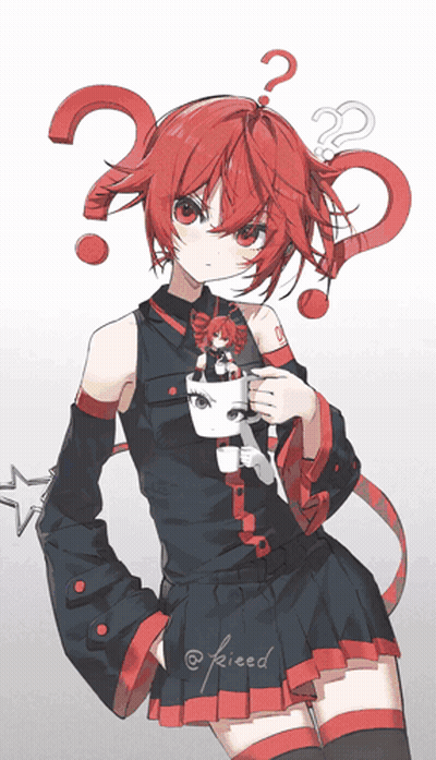 Red Hair Girl With Question Mark Holding Cup GIF