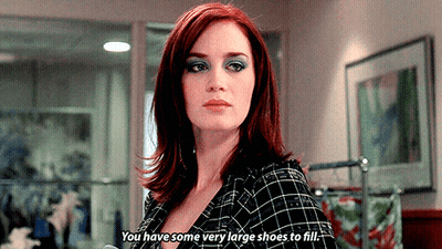 Red Hair Woman With Blue Eye Makeup Says You Have Some Very Large Shoes To Fill GIF