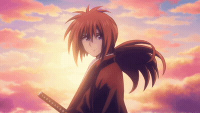 Red Haired Anime Character Holding Sword In Pink Sky GIF