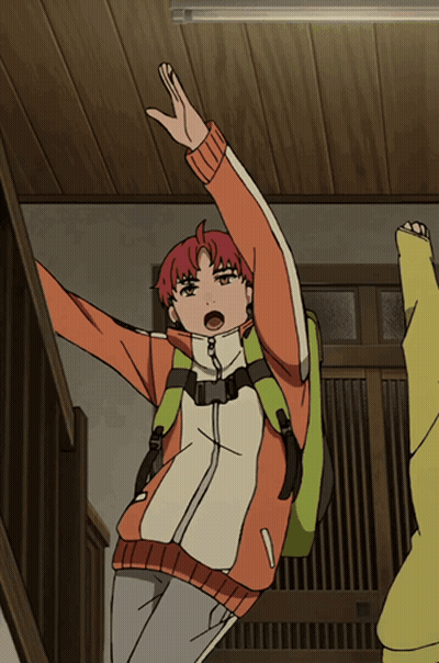Red-Haired Boy With Green Backpack Jumping GIF